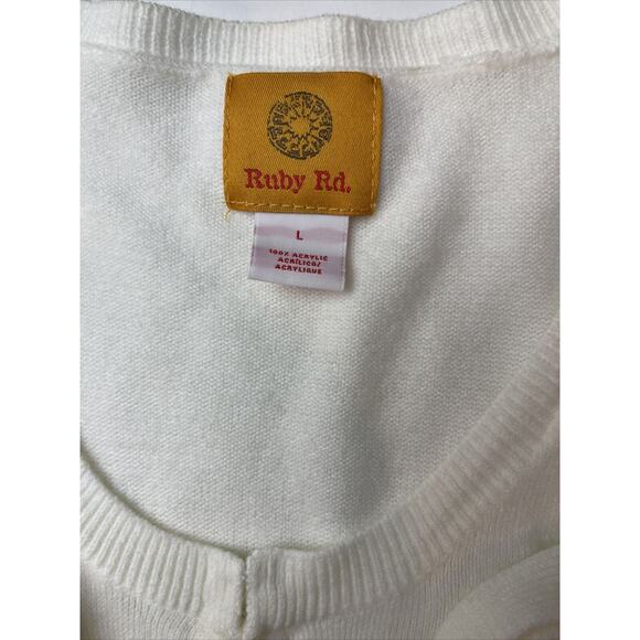 3 for $25-RUBY RED SZ L Cardigan 100% Acrylic Ivory 2 Hook Open Front w/Roses - Picture 3 of 10